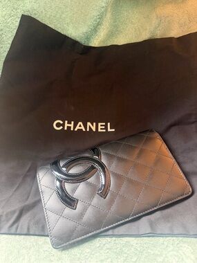 CHANEL Black Quilted Patent CC Long Wallet